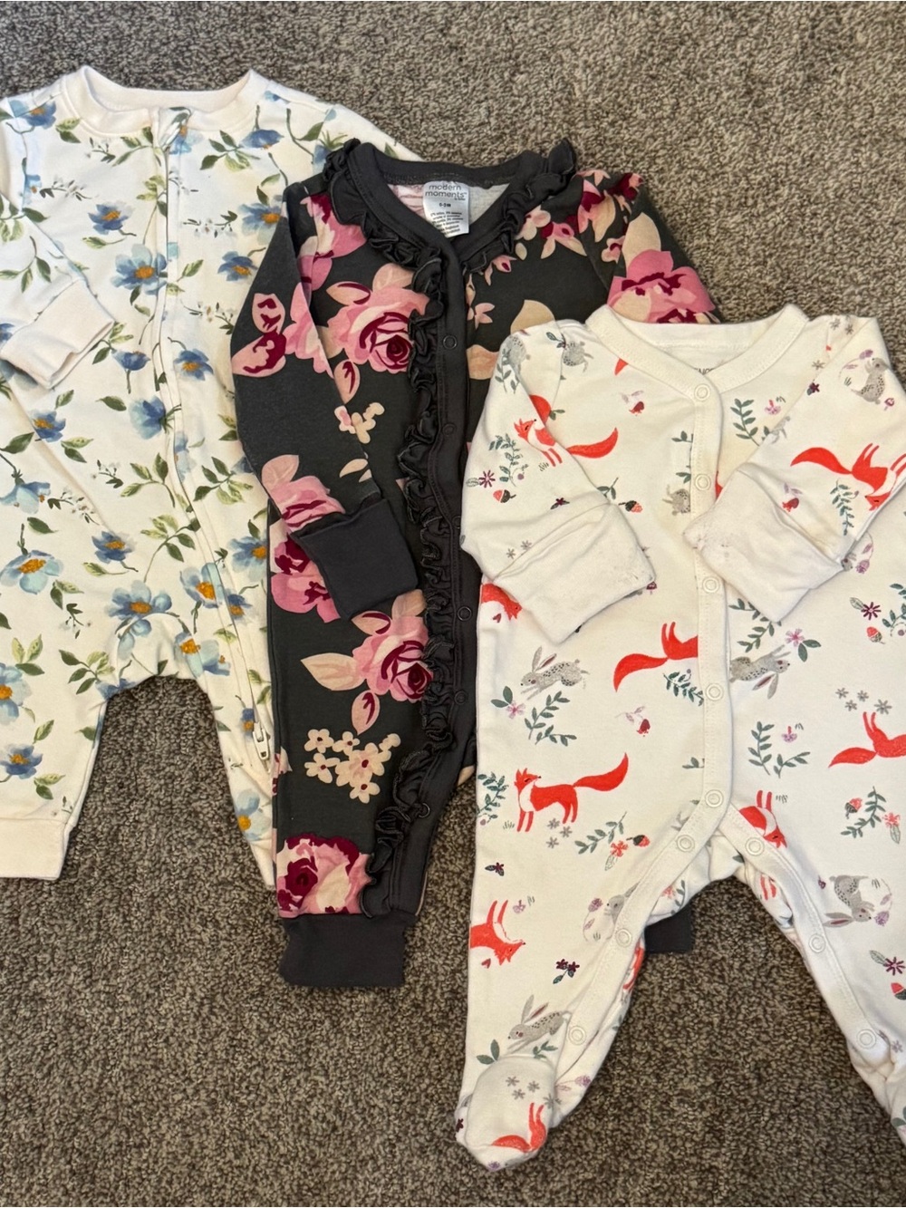 Bundle of 3 Baby Footed Pajamas Blue Floral Foxy & Pink Blossom